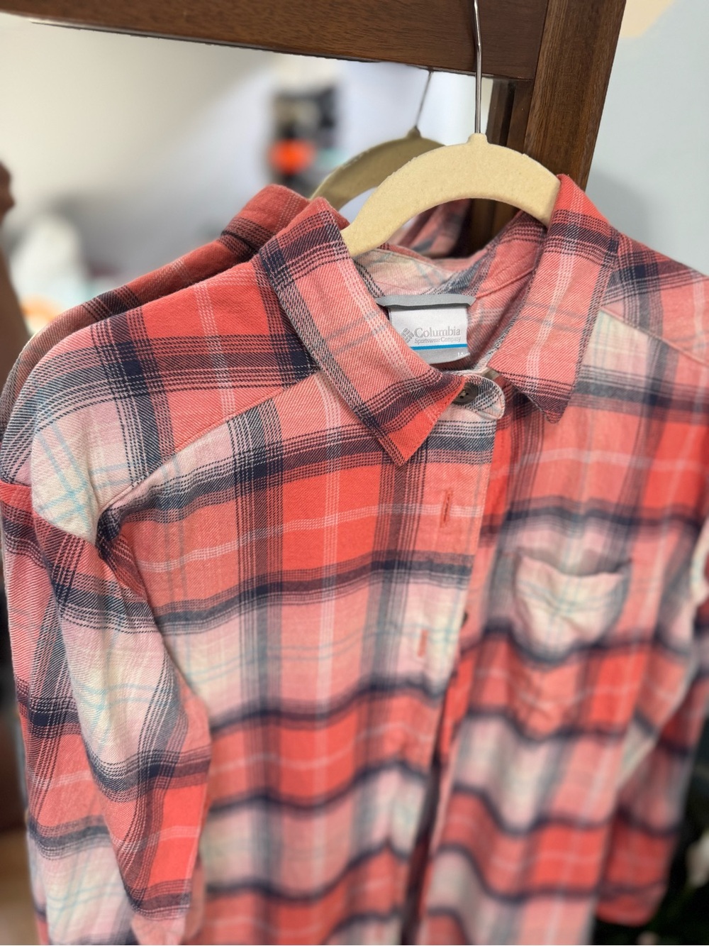 Columbia Coral and Grey Plaid Button-Down Shirt